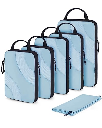 Set of BAGSMART 6 compression packing cubes in sky blue, including large, medium, small sizes and a shoe bag, designed for saving space and organizing luggage