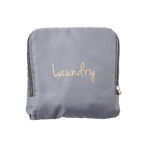 Miamica foldable travel laundry bag in grey and gold, featuring a drawstring closure and expandable design, shown with compact folded size and fully opened dimensions