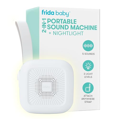 Frida Baby 2-in-1 Portable Sound Machine and Nightlight in white, featuring 5 soothing sounds, 3 nightlight modes