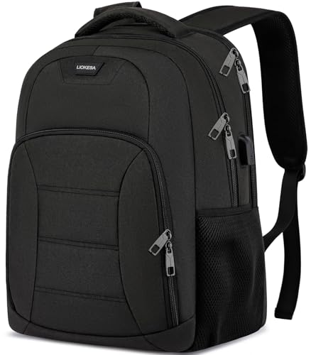 Liokesa 17.7 x 12.2 x 8.3-inch black laptop backpack with USB charging port, water-resistant fabric, multiple compartments, and an anti-theft pocket. Ideal for college, work, and travel