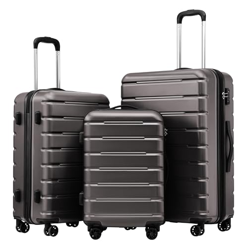 Coolife 3-piece luggage set featuring a 28” expandable suitcase in gray with USB port, TSA lock, and smooth spinner wheels for convenient travel.