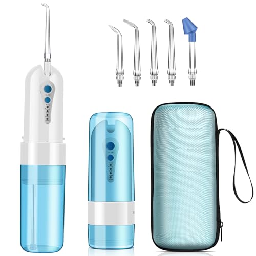 Cordless portable water flosser with foldable design and included travel case, featuring 4 modes and 5 jet tips for teeth cleaning – perfect for home and travel use.