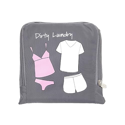 Gray Miamica travel laundry bag with a zipper and drawstring, fully expanded to show its large size of 21” x 22”, with the compact folded size of 6.3” x 6.2” displayed for easy storage