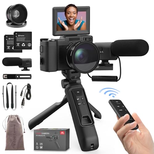 Compact 4K vlog camera with a 3-inch flip screen, external microphone, and tripod grip. Ideal for beginner photographers and content creators, featuring 48MP resolution and remote control. 