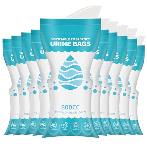 10 Pack of Disposable Urine Bags, 800ML capacity each, ideal for travel, emergencies, and outdoor use. Features robust sealing and absorbent cotton to turn liquid into odorless gel.