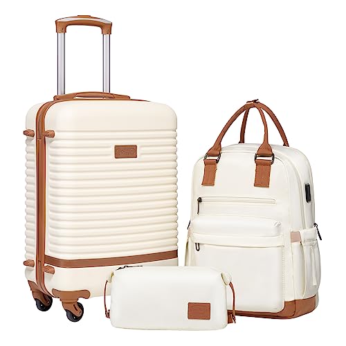 Coolife 3-Piece Lightweight Hardshell Luggage Set in White, including a 20-inch carry-on, 24-inch and 28-inch suitcases