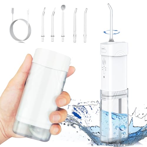 White cordless water dental flosser with collapsible design, offering 5 cleaning modes and a 200 mL telescopic water tank for portable oral care.