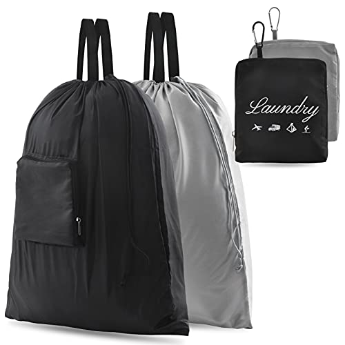 Collapsible black and grey travel laundry bag with handles, aluminum carabiner, and zip pocket – ideal for travel, camping, and fitness. 