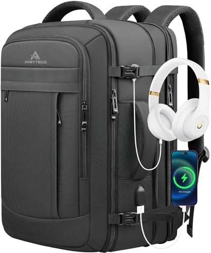 Expandable 40L Travel Backpack in black, featuring a water-resistant design, TSA-friendly laptop compartment, built-in USB port, and ergonomic comfort features, ideal for business and leisure travel