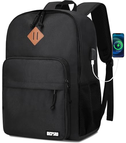 Lightweight black backpack with USB charging port and large compartments, perfect for students, travelers, and daily use