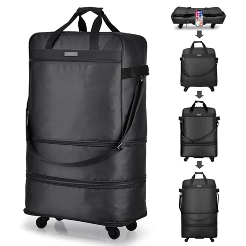 Collapsible rolling travel bag by Hanke, featuring multiple handles, expandable design, and durable black polyester material