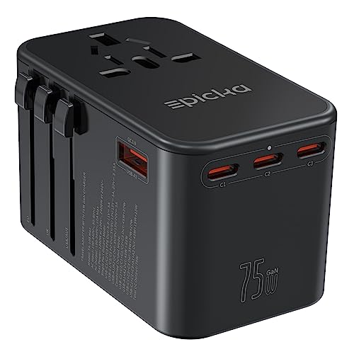 Compact GaN 75W Universal Travel Adapter with 3 USB-C PD ports and 2 USB-A quick charging ports, featuring multiple plug types for global travel. Ideal for fast charging and international use.