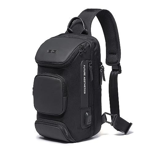 Black OZUKO Sling Backpack with USB charging port, waterproof material, and multiple compartments, ideal for men and versatile for various occasions