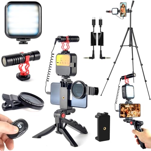 Complete YouTube Starter Kit featuring dual tripods, a cardioid microphone, a tri-color LED light, and a CPL filter for professional vlogging. 