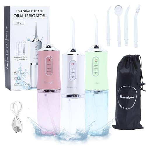 Essential Ways Portable Water Flosser in pink, featuring a 220ml reservoir, IPX7 waterproof design, three pressure modes, and four flossing tips for effective and convenient oral care at home or on the go