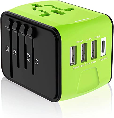 Universal Travel Adapter with USB-C and 3 USB Ports for Fast Charging in Over 170 Countries. Includes international plugs for US, EU, UK, and Australia