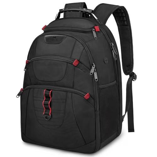 Extra Large 50L Laptop Backpack in black, featuring a 17-inch padded laptop compartment, high-density waterproof wet pocket, TSA-friendly design, extendable shoulder straps, and a luggage strap. Ideal for business travel, work, and overnight trips.