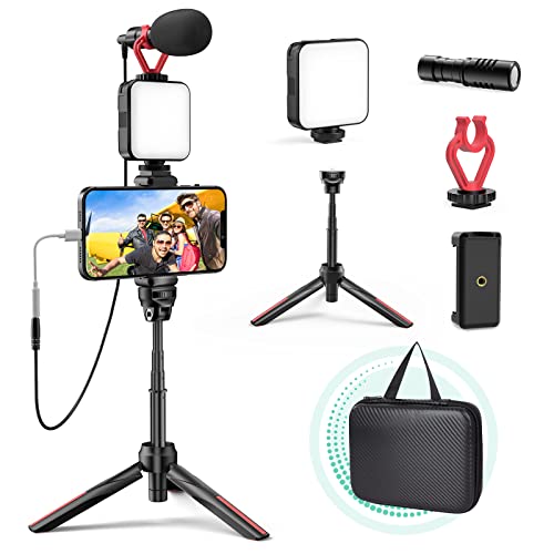 Smartphone Vlogging Kit featuring LED light, tripod, microphone, and carry bag for YouTube and content creation. 