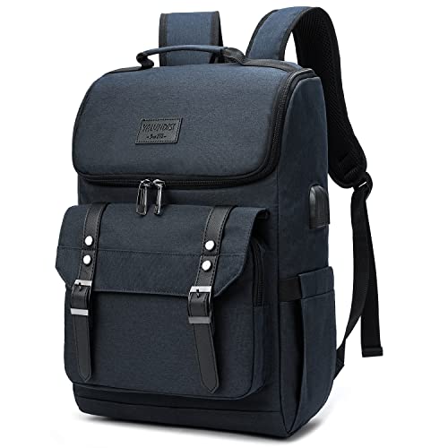 Yalundisi Vintage Backpack in blue, featuring a spacious design with a USB charging port, dedicated laptop compartment, multiple pockets, and a luggage strap. Ideal for travel and college use