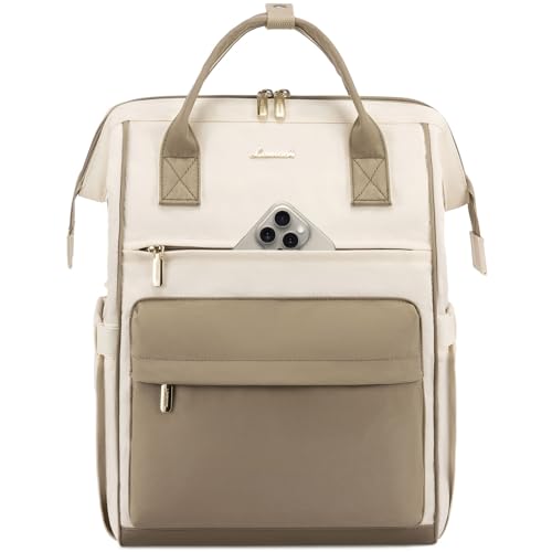 LOVEVOOK beige and khaki women's laptop backpack with USB port, featuring a large capacity and stylish design for work, travel, and daily use