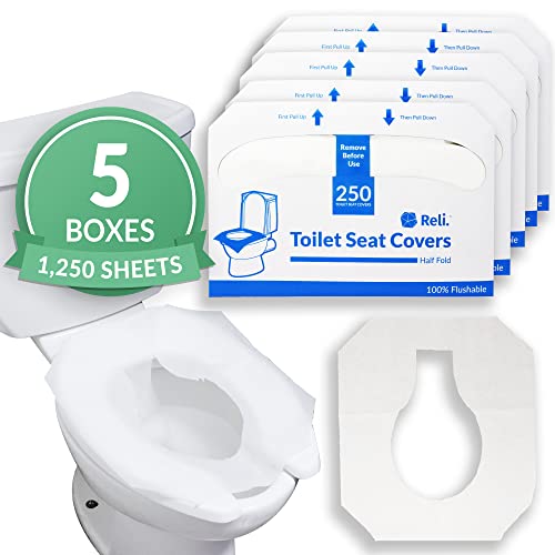 Reli. Toilet Seat Covers in bulk pack of 1250 pcs, designed for hygiene and convenience with flushable and half-fold features, ideal for travel, public restrooms, and kids' potty training