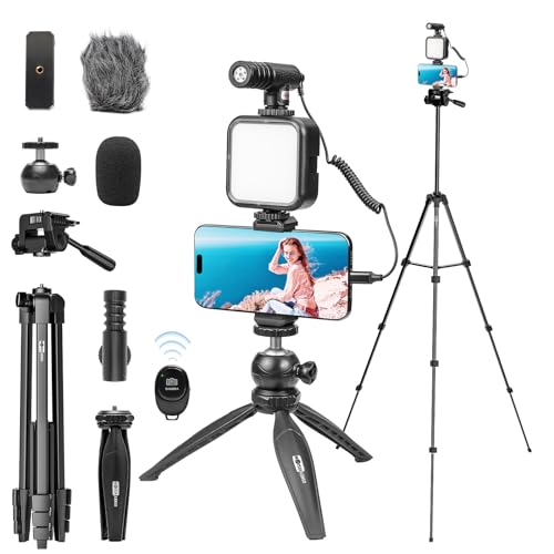 Vlogging Kit for smartphones including tripod, tricolor LED light, and shotgun microphone, perfect for YouTube and content creators. 