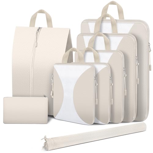 8-pack beige compression packing cubes with shoe and laundry bags, designed for space-saving travel organization and luggage efficiency