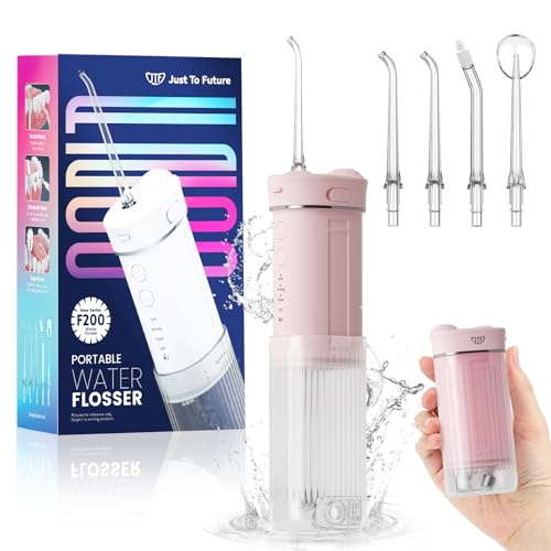 Mini Portable Water Flosser with 3 cleaning modes, 360° rotating nozzle, and 230ml telescopic water tank. IPX7 waterproof and comes with 5 interchangeable nozzles