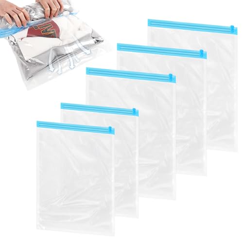 Prasacco 5-pack roll-up compression bags for travel and storage, no vacuum needed, perfect space-saving solution for clothes and bedding