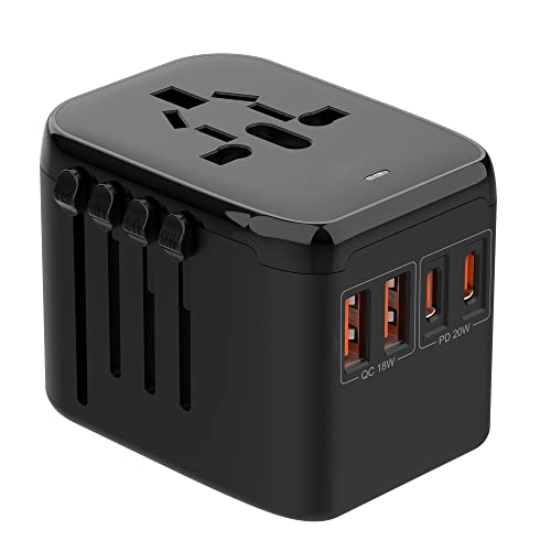 UNILLQSS universal travel adapter with 2 USB-C PD ports and 2 USB-A QC ports, supporting worldwide plug types for over 200 countries, featuring a compact and safe design.  