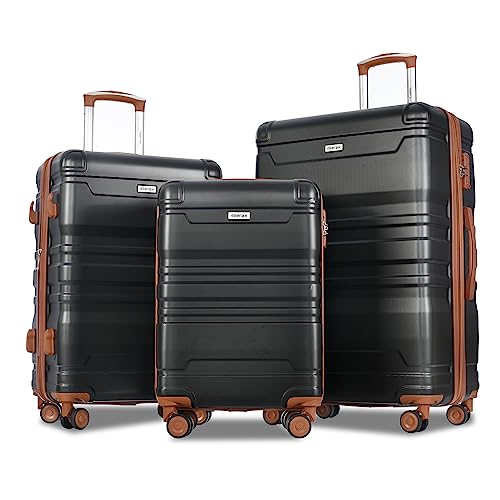 Merax 3-Piece ABS Hardside Luggage Set in Black and Brown featuring expandable spinner wheels and TSA lock, perfect for stylish and secure travel