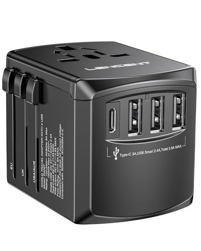 Universal Travel Adapter with USB-C and 3 USB Ports, Compact Design for Fast Charging in Over 200 Countries. Includes UK, US, EU, and AUS plugs