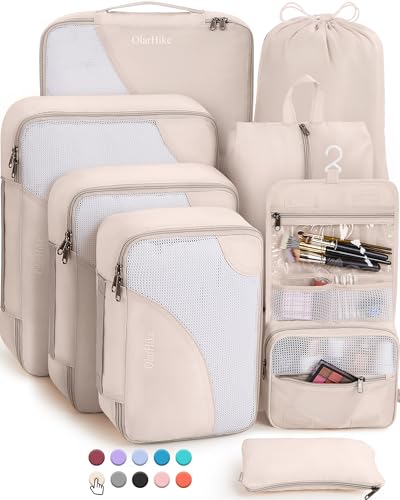 OlarHike 8-Piece Packing Cubes Set in various sizes with toiletry bag, laundry bag, and shoe bag, designed for efficient travel organization