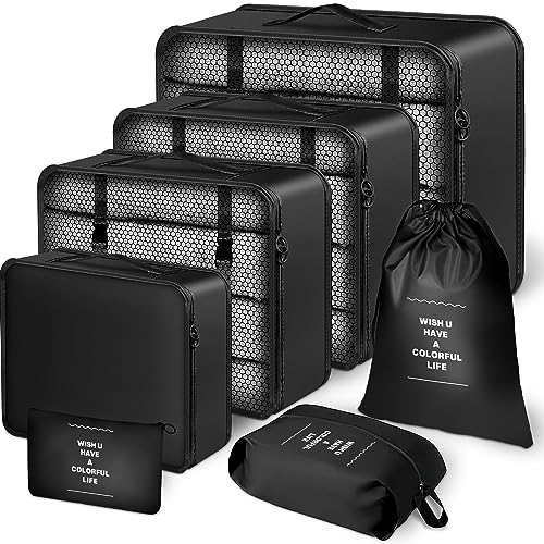 7-Piece Packing Cube Set in Black – Space-Saving Compression Bags with Mesh Tops for Organized and Efficient Travel