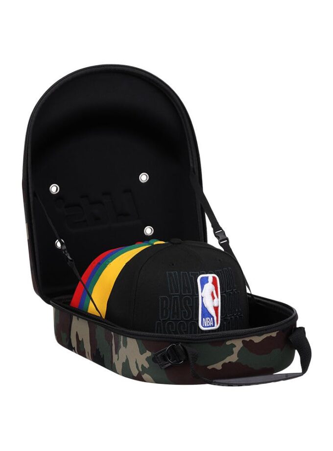 GRANNY SAYS Lids Cap Luggage Container with camo exterior and black interior, designed to hold and protect up to 6 baseball caps or hats, perfect for travel