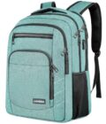 Liokesa teal laptop backpack for men and women with a 15.6-inch laptop compartment, USB charging port, water-resistant fabric, and ergonomic padded straps