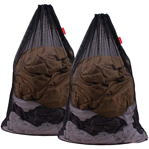 Two black DuomiW mesh laundry bags, measuring 24 x 36 inches, displayed with drawstring closures and rope locks, showing their large size and heavy-duty mesh material