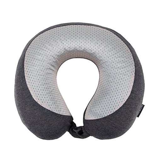 Travelon Cooling Gel Neck Pillow in charcoal color, featuring a U-shape design with interlocking ends for full head and neck support during travel.