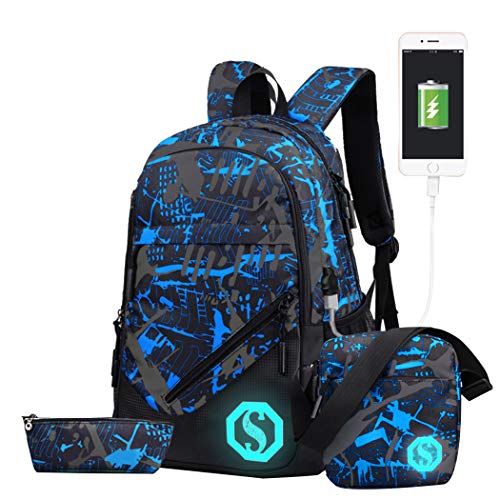 JiaYou Unisex Graffiti-Style School Backpack with USB Port, featuring a 20L capacity and a 3-piece set option including a shoulder bag and pencil case