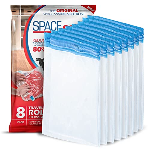 Spacesaver Premium Travel Roll-Up Storage Bags – 8-pack set of compression bags with double-zip seal and triple-seal turbo valve