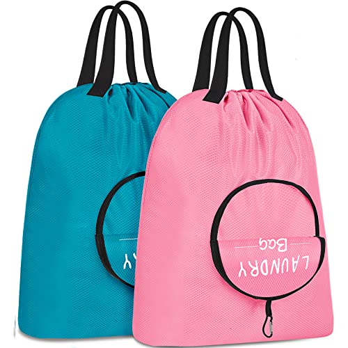 Two-pack of Oudain Travel Laundry Bags featuring handles and aluminum carabiner hooks. These collapsible, waterproof bags are designed for travel, camp