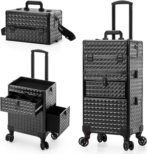 AROUS Rolling Makeup Train Case in black with 2 large drawers and detachable top compartment. Features 360° swivel wheels, retractable handle, and reinforced aluminum frame. Ideal for storing cosmetics, hair styling tools, and nail equipment