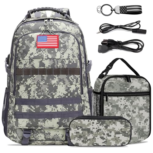 School Backpack for Boys featuring a camouflage design, USB charging port, headphone interface, and a complete 4-piece set including a lunch box