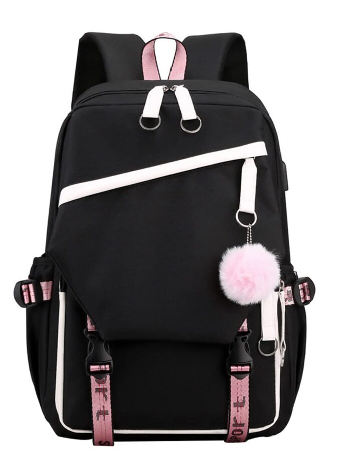 Stylish black teen girls laptop backpack featuring a USB charging port, plush ball trinkets, and spacious design for school and everyday use. 