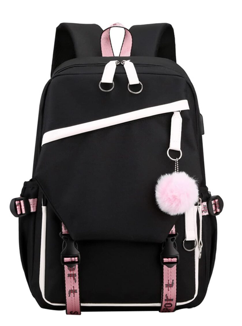 Stylish black teen girls laptop backpack featuring a USB charging port, plush ball trinkets, and spacious design for school and everyday use. 