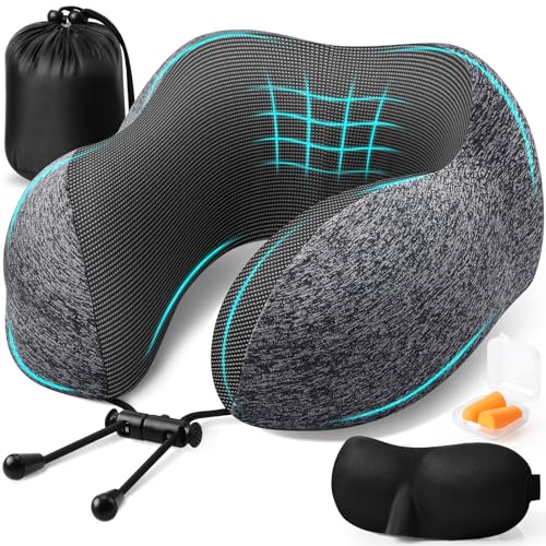 ExploreBliss Memory Foam Travel Pillow Set in Dark Grey with Adjustable Clasp, Removable Cover, Eye Mask, Earplugs, and Storage Bag – Perfect for Airplane and Travel Comfort