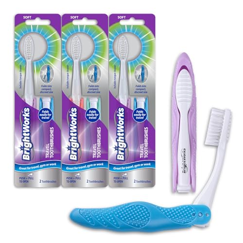 BrightWorks Folding Travel Toothbrush Set – 6 Compact Toothbrushes with Built-In Bristle Cover and Tongue Cleaner for Easy and Hygienic Oral Care