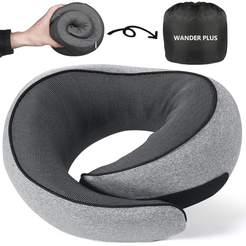 WANDER PLUS® Genuine Travel Pillow in grey, showcasing its 100% pure memory foam construction and 360° neck support design. Perfect for airplane travel, cars, and airport use