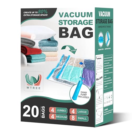 20-Pack Vacuum Storage Bags with Hand Pump – Includes Jumbo, Large, Medium, and Small bags for efficient space saving and protection of clothes, bedding, and travel items.