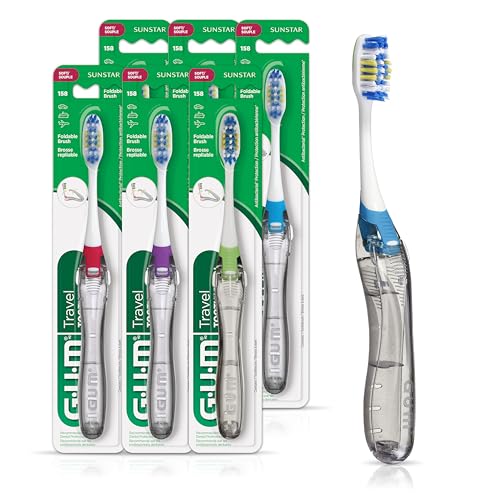 Foldable GUM travel toothbrush with soft bristles and built-in tongue cleaner for compact, hygienic storage – 6-pack toothbrush set 